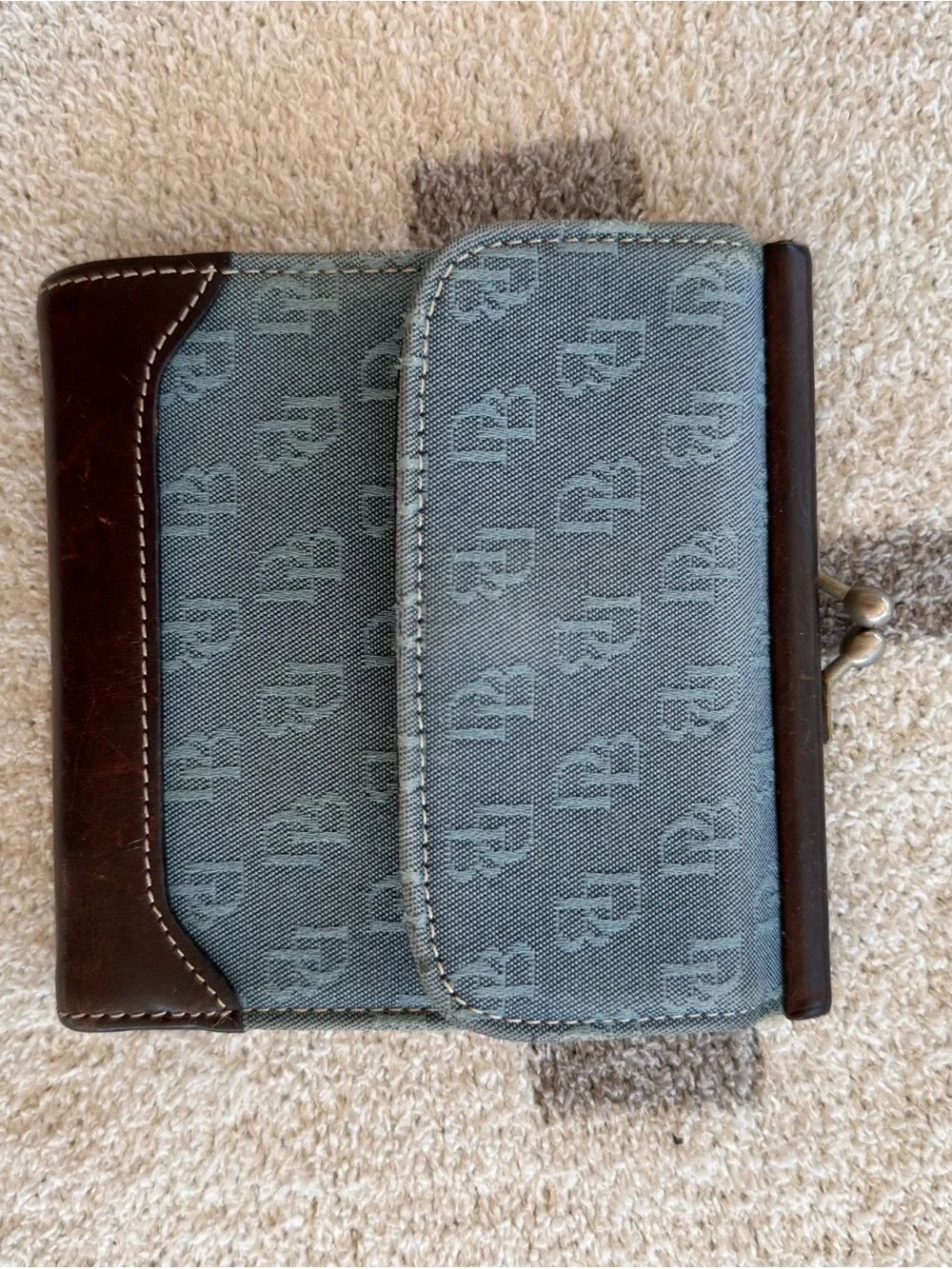 Dooney & Bourke Blue Denim Monogram Kiss-Lock Wallet with Brown Trim